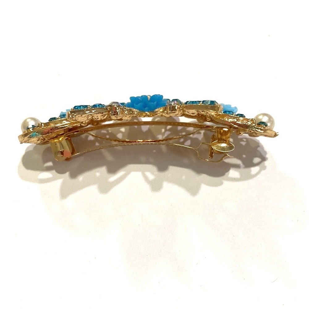 Hair Clip Barrette Butterfly Gold Tone Blue Rhinestones Flowers - Picture 2 of 4